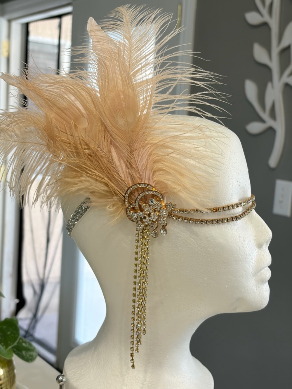 Vintage-Inspired Blush Feather & Gold Crystal Headpiece